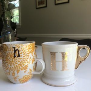 Anthropologie “H” floral and Gold Mugs Set of 2